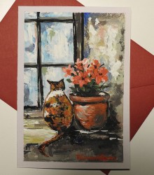 Felicitare pictată manual Pisica la fereastră